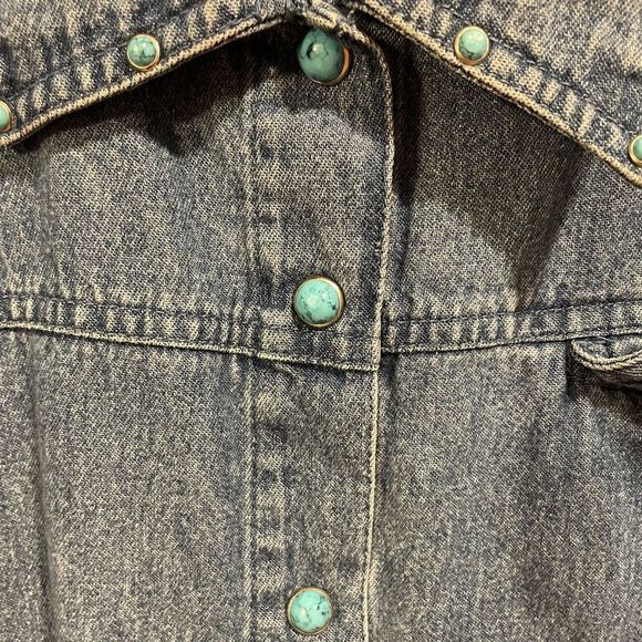 Blue J. Southwestern Medium Wash Denim Jean Turquoise Snap Button Up Dress - Picture 4 of 6